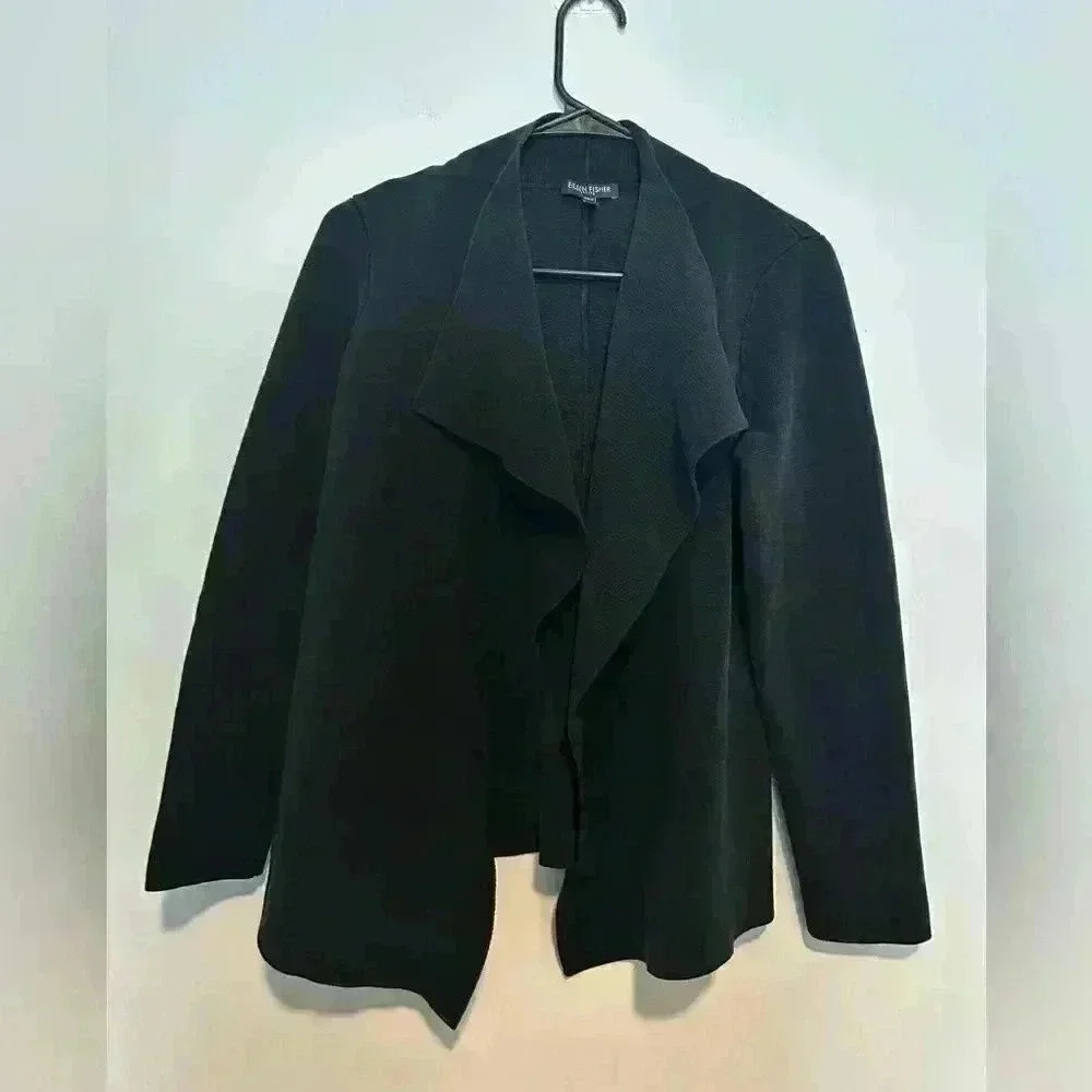 Eileen Fisher Womens Open Front Cardigan Sweater Black Silk/Cotton Size PM